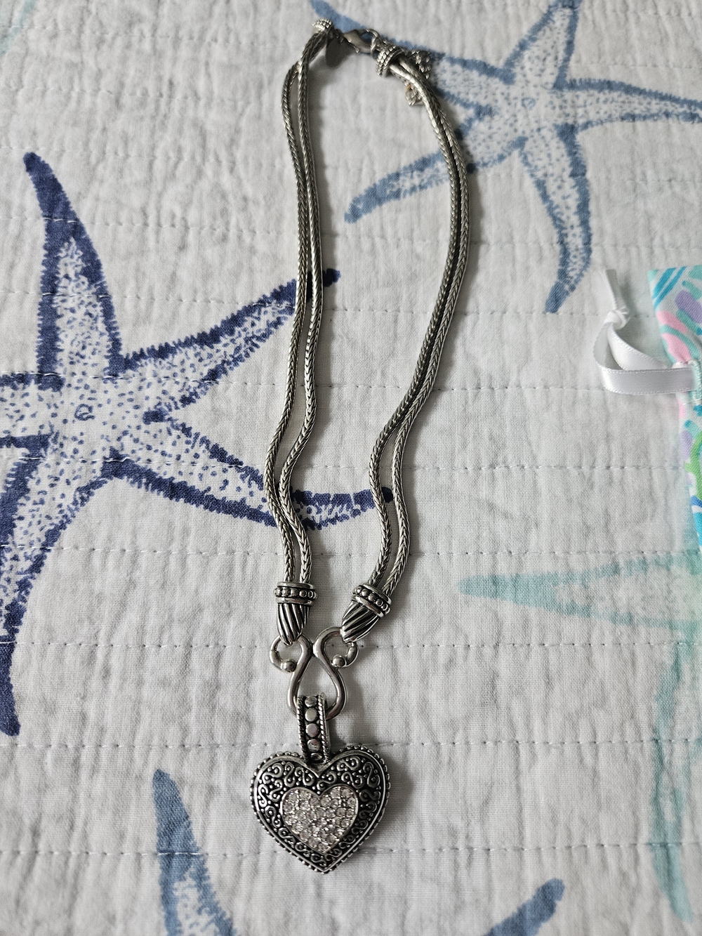 Lia Sophia "Love Dust" double strand silver-tone heart necklace with a pavé crys
